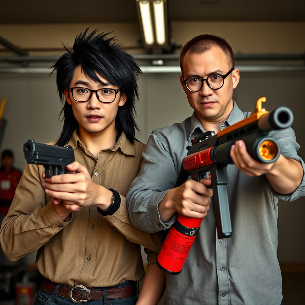 Two-person setting: "21-year-old white Chinese man wearing square glasses, mid/long black mullet hairstyle, holding a pistol"; "21-year-old white European Italian man wearing round glasses, short hair, holding a very large fire extinguisher flamethrower," garage setting, both angry. - Image