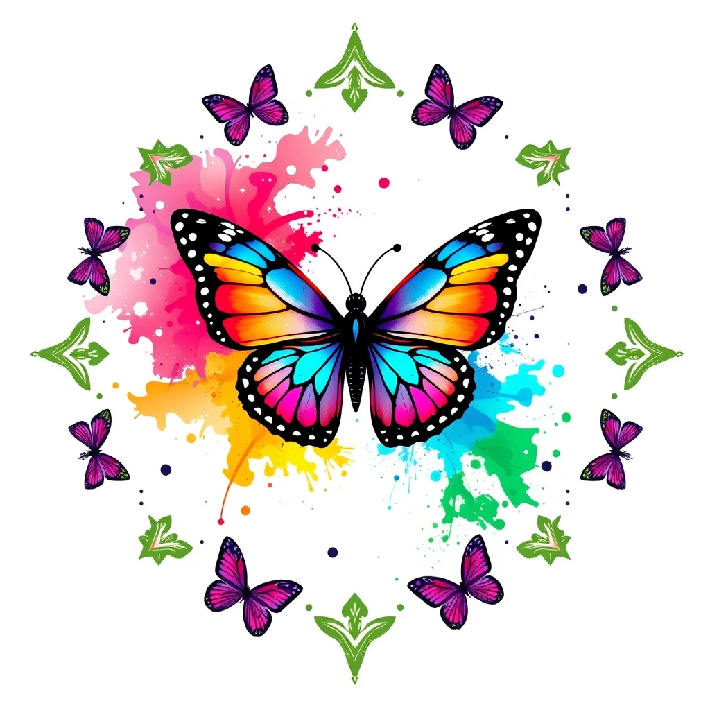 vibrant t-shirt design with white background, graphic design vector, abstract, vibrant colored butterfly pattern, illustration style of Victor Brauner