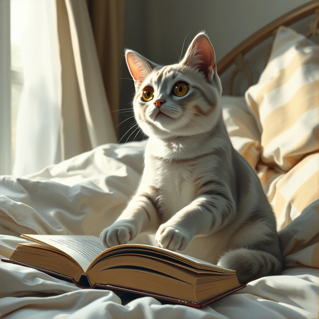 Painting Style: Professional oil painting, highly detailed and realistic with visible brushstrokes.
Subject: A silver-colored cat in a Japanese anime style. The cat should have large, expressive eyes and a cute, stylized appearance. It is sitting upright on a bed with its paws resting on an open book. The cat appears engrossed in reading.
Lighting: Soft, natural light coming from a window to the side, casting gentle shadows and highlighting the texture of the cat's fur and the book's pages.
Background: A cozy and slightly rumpled bed with a visible headboard and bedding. The colors of the bed linens should be muted and complementary to the silver fur of the cat.
Details: Pay attention to the details of the cat's fur, the texture of the book, and the folds in the bedding. Capture the reflective quality of the light on the silver fur.