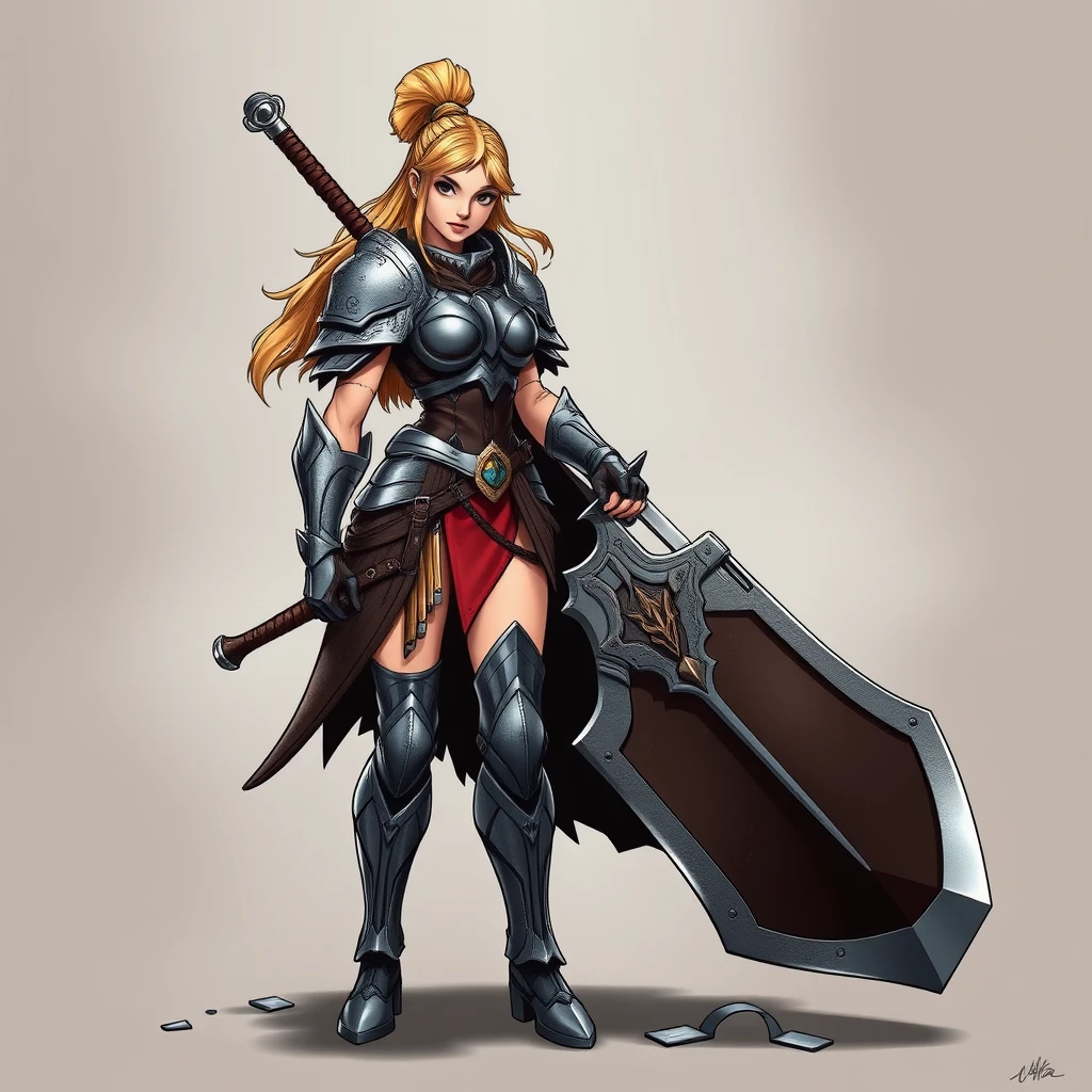 "Comic style, female warrior, armor, full body image, standing, giant sword." - Image