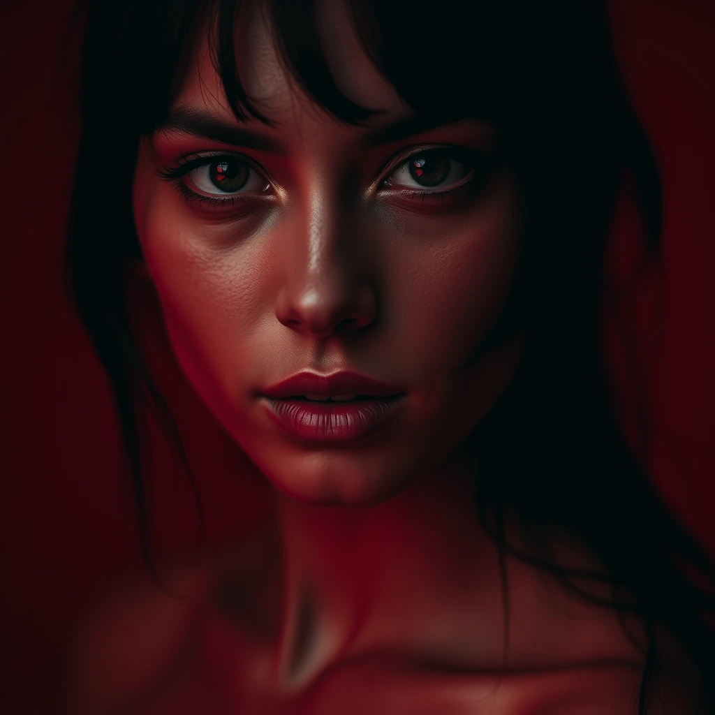 Monochrome in red close-up face portrait of a beautiful lone woman, face in red, skin in red, eyes in red.