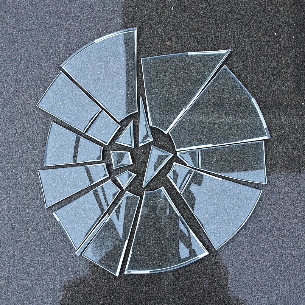 Shattered glass on the ground seen from above, forming several segments.