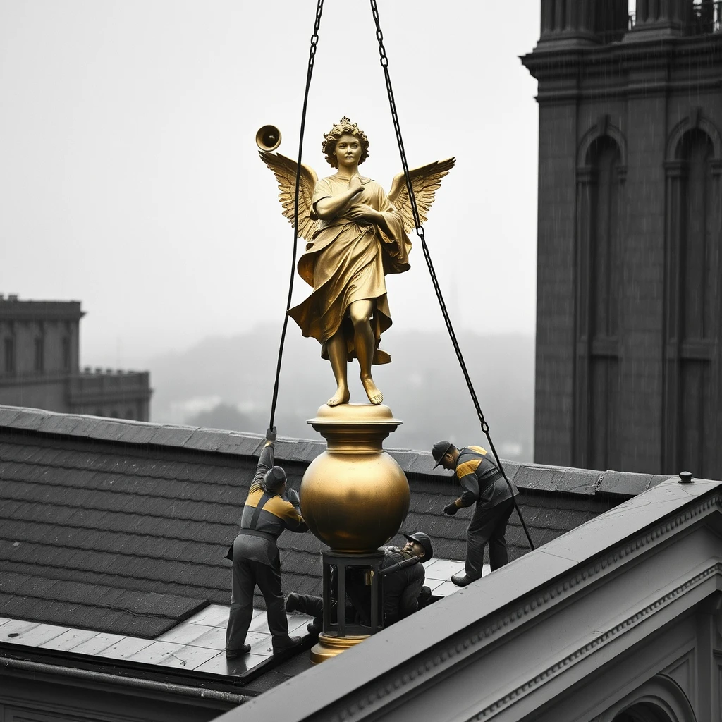 A highly detailed photograph depicting some men removing an 8' tall gilt statue of 'Victory' playing and holding an angel horn, standing on a small ball, from the roof of The 'Theatre Royal' in Chatham, 1940. It's raining and a dark and dismal day. - Image