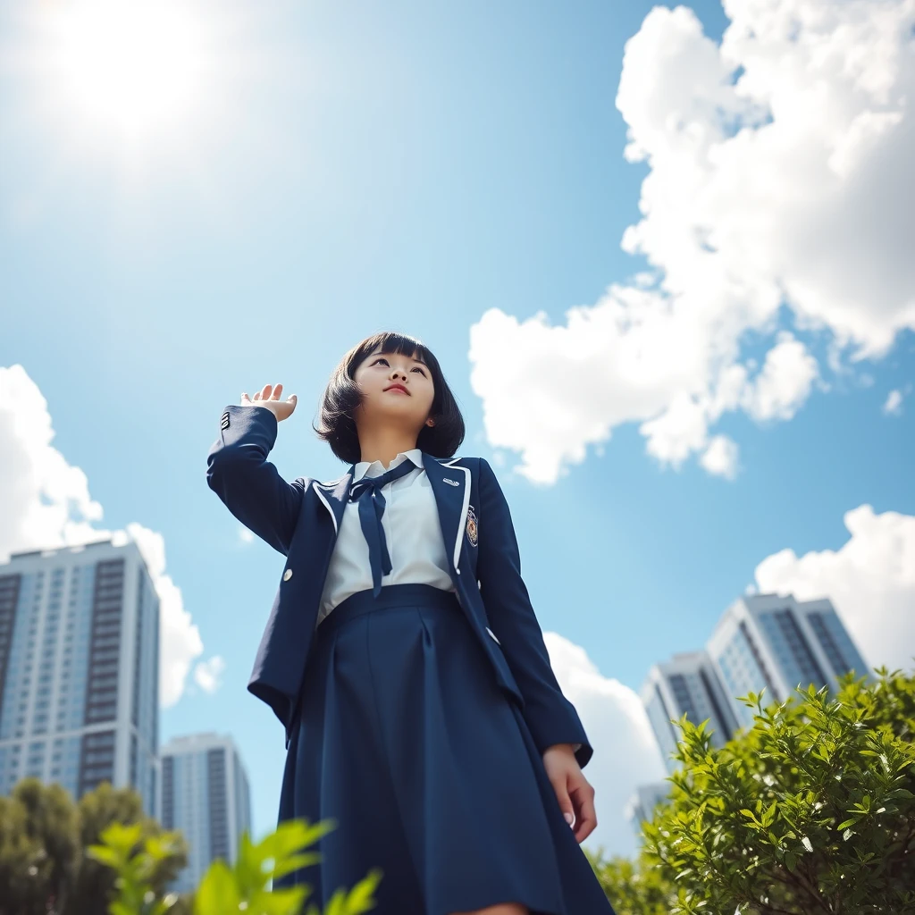 A Japanese high school girl with short black bob hair, wearing a traditional Japanese school uniform consisting of a white blouse, a navy blue skirt, and a navy blue blazer with a school emblem. She is standing outdoors under a bright blue sky with large, fluffy white clouds. The background includes a cityscape with modern high-rise buildings. The composition captures her from a low angle, emphasizing the vast sky and clouds behind her. The sun is visible in the upper left corner, creating a strong lens flare effect. The girl is looking up and slightly to the side with a serene expression. She is not holding anything above her head. The lighting is bright and creates high contrast, typical of a sunny summer day. Some green foliage is visible in the foreground, likely from trees or bushes. The overall scene has a crisp, clean aesthetic with vivid colors, capturing the essence of a bright, clear day in an urban environment. - Image