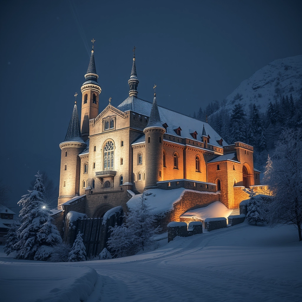 Realistic image. Canelli castle, at night, covered in snow.