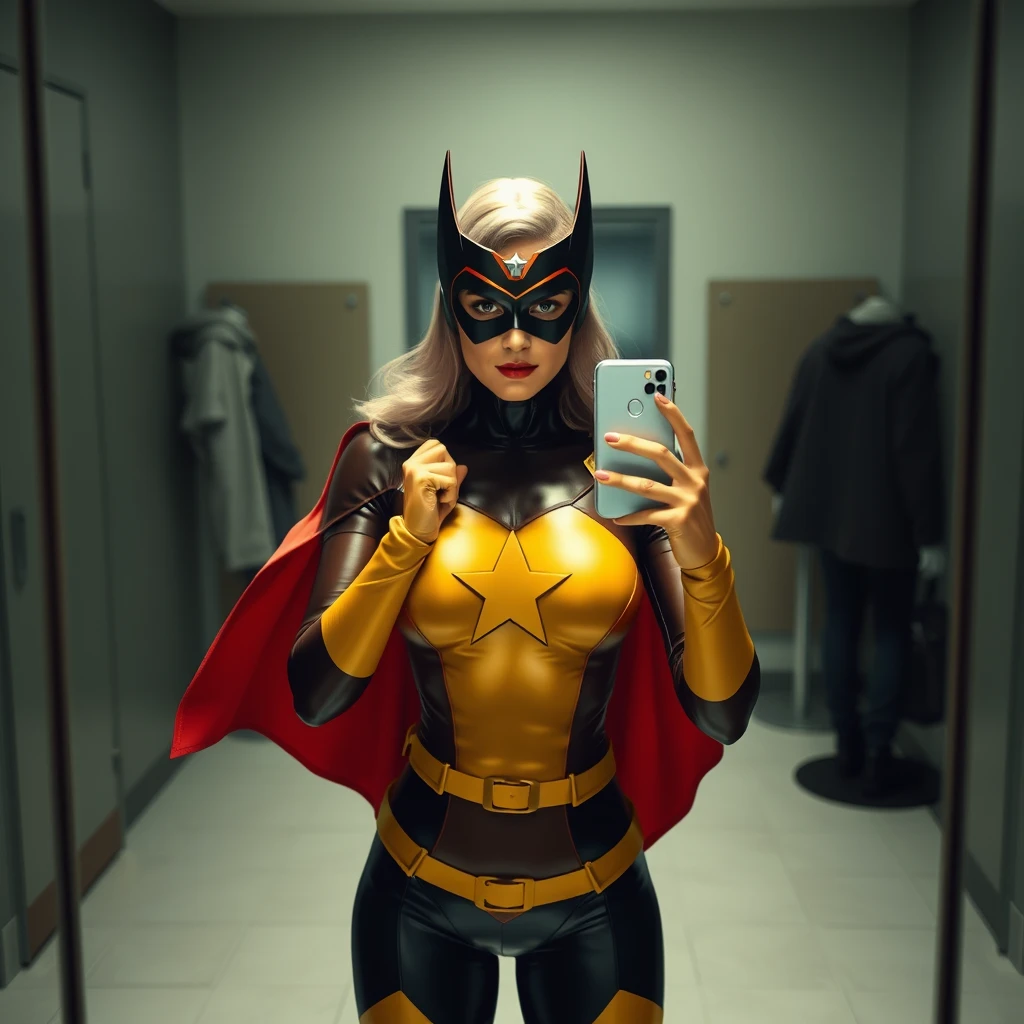 A woman superhero stands in front of a mirror capturing a selfie. - Image