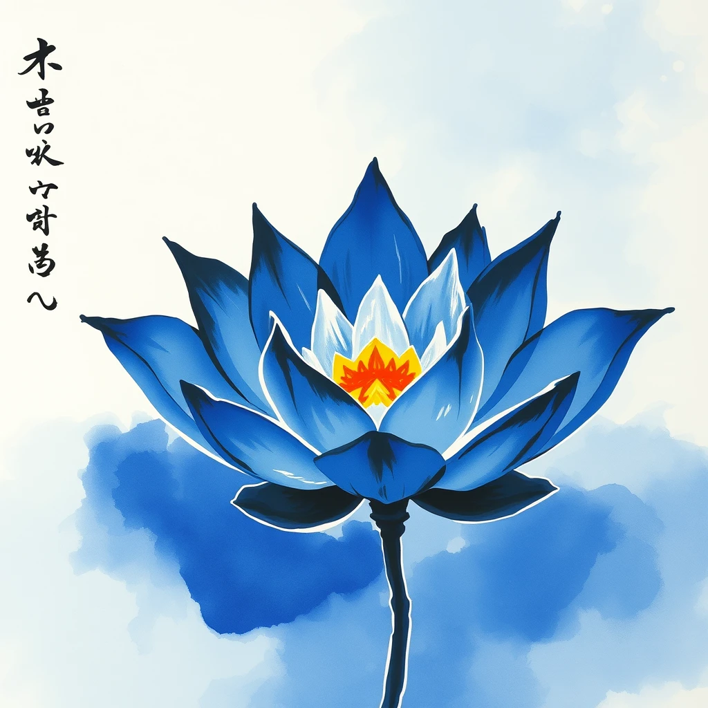 'Blue Lotus Ink Wash Painting Style with the words "Integrity" on the left side 1920*1080'