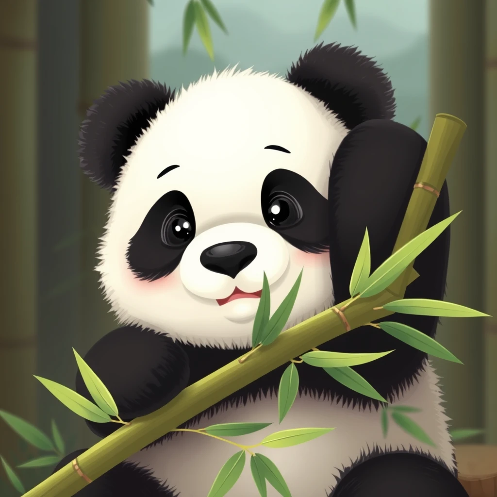 A cute giant panda is breaking bamboo, and the panda's ears are round. - Image