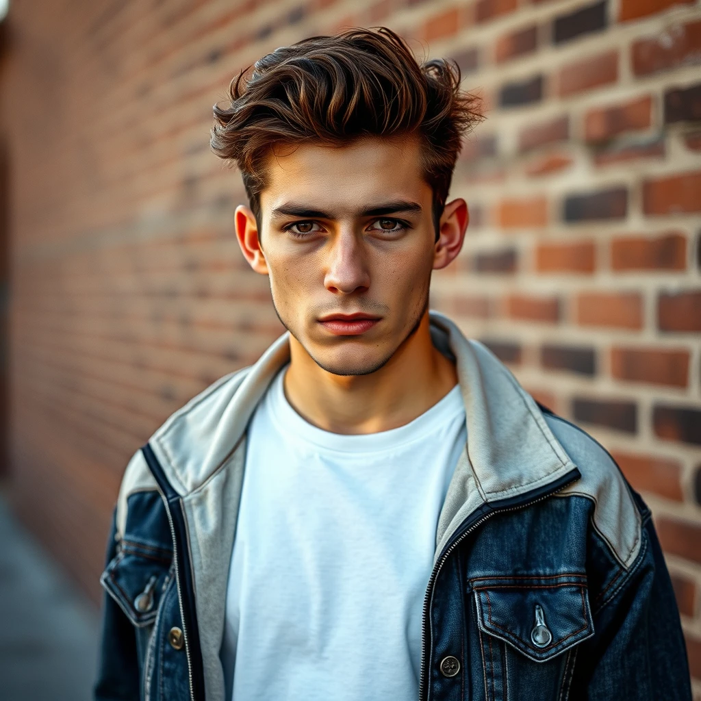 Freddie Prinze head and body shot, handsome, young, serious face, white T-shirt, collage jacket, jeans, sneakers, hyper-realistic, street photography, brick wall, full body photography, sunrise.