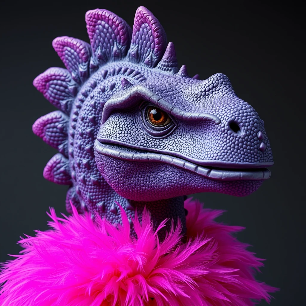 A realistic purple spiked dinosaur covered in pink feathers around its neck. - Image