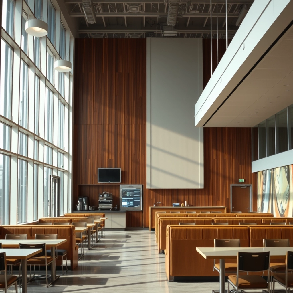 interior, company cafeteria, modern, wood panel, movie scene