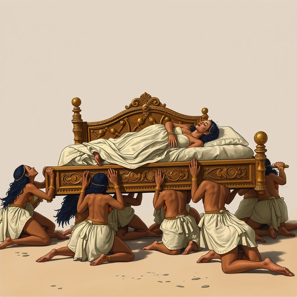 A group of female slaves crawled on their knees, carrying a luxurious large bed, with the empress lying on it resting.