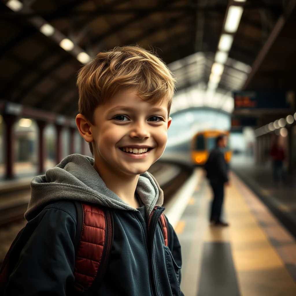 photo of a smiling young boy at the train station realistic shot with iPhone