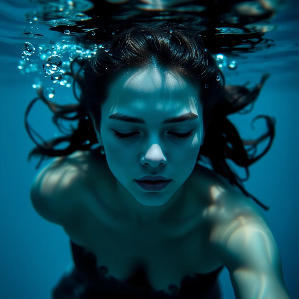 A symbolic portrait: A young woman dancing underwater.