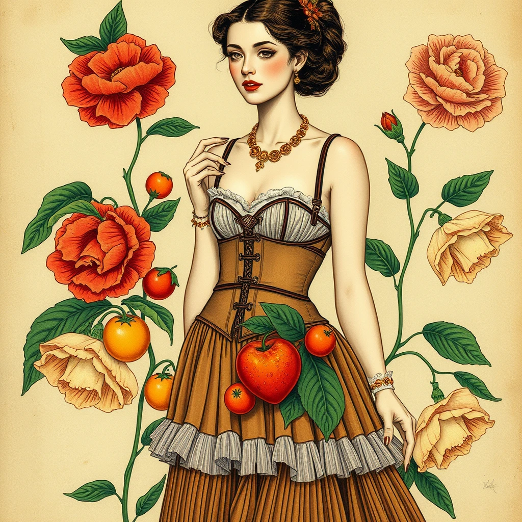 Flower pin-up Victorian fruit floral princesses glamour jewelry body frill fringe pleated billowing skirt dress fashion fruit hairdo bare chest harness Elizabethan leather painting portrait in the style of Egon Schiele Aubrey Beardsley 4K museum high quality scan of Vienna Succession Art Nouveau hand drawn artwork sketchy painterly 70s 60s illustration.