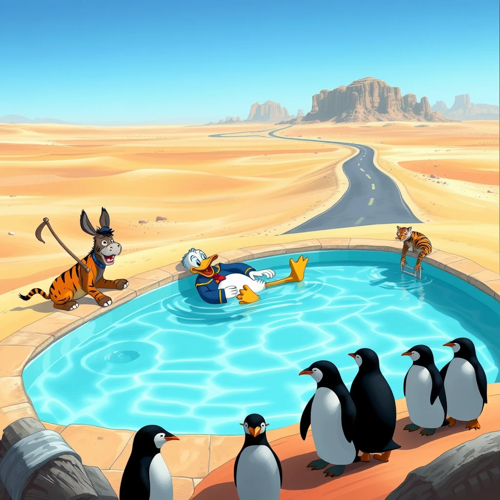 In an endless desert, a donkey and Donald Duck are very cozy lying in a clear swimming pool. Two tigers with halberds stand around the pool as guards. Not far from the swimming pool, there is an endless road, where a few penguins are heavily burdened. The duck and donkey are mocking the penguins.