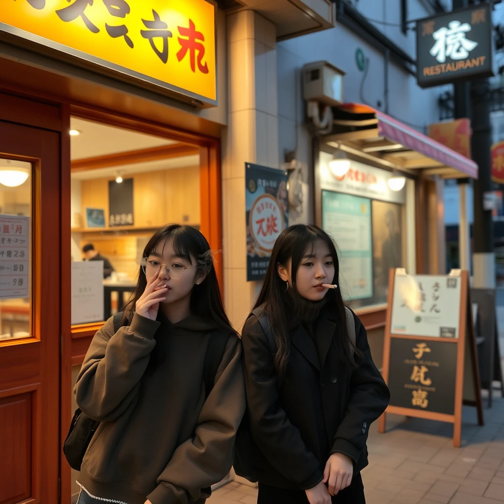 In the evening, two female students are smoking outside a restaurant, where there is a signboard with visible characters that can be seen, including Chinese or Japanese characters.