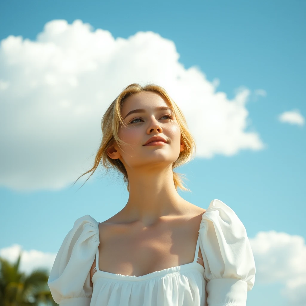 A serene, blissful scene of a young woman in a white dress. The scene feels authentic and unpolished, informal. The subject has natural beauty; counter to the plastic surgery so often seen. A few strands of light blonde frame the sides of her eyes. The fluffy clouds decorate the clear blue sky.