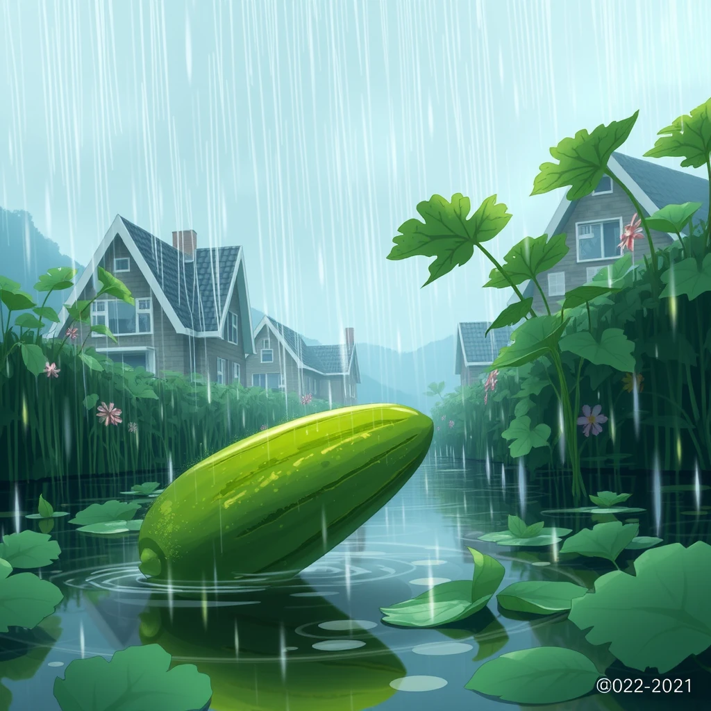 'anime spreewald cucumber on the Loreley in the rain'