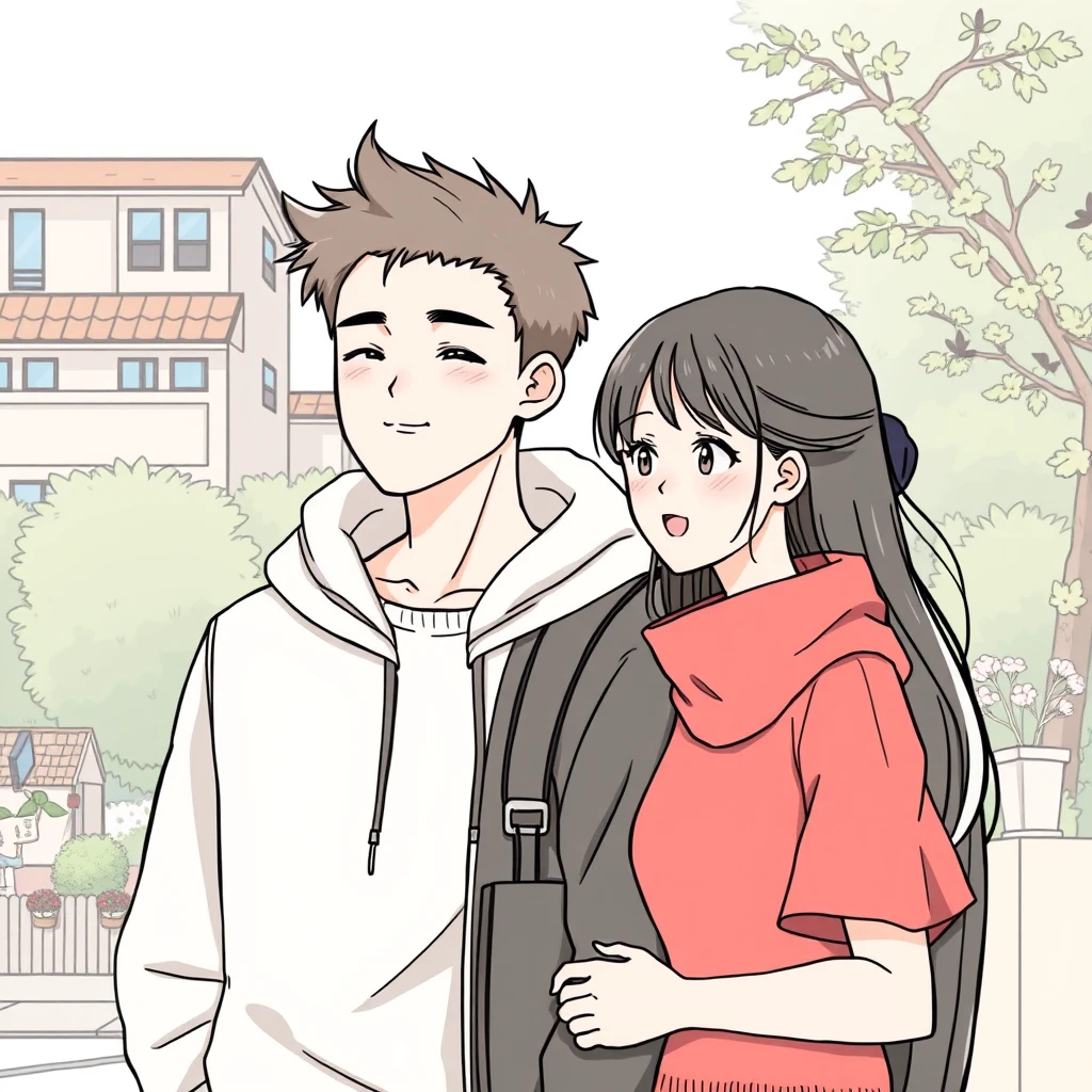 Young couple's daily life, handsome tall boy, anime line art.