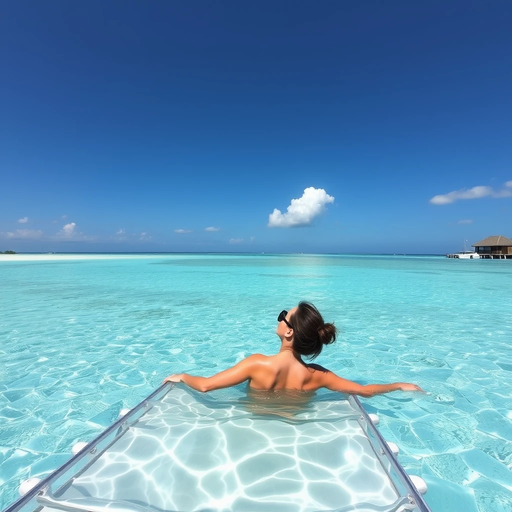 A woman is sunbathing in the Maldives.