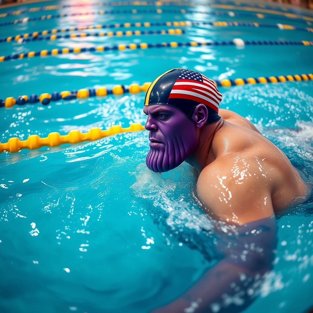 "A Thanos with a purple head is swimming in a competition, wearing a swimming cap with the American flag, in a realistic style, swimming action, panoramic photo." - Image