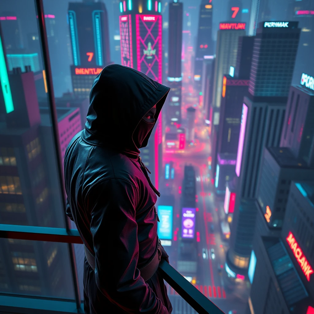 A mysterious guy wearing a black ninja-like suit in a neon city, from a high building looking at a city full of colorful lights, cinematic, 3D art. - Image