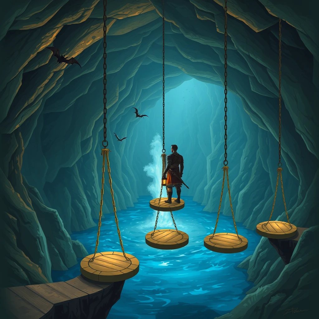 A large cavern, standing on one of the platforms is a male warrior who is holding a lantern. There is blue water filling the bottom of the cavern and a geyser is erupting. Hanging from the ceiling in a row are 5 chains with round wooden platforms at the end of the chain that are suspended above the water. Bats are flying around.