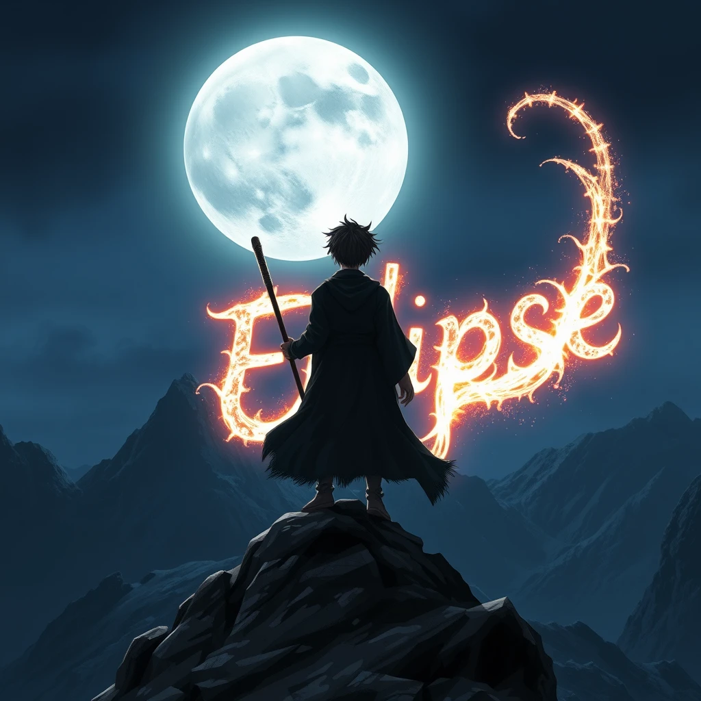 Character: A young man with short, windblown hair, clad in a flowing dark robe, stands atop a rugged mountain peak. His back is to the viewer, his right arm raised high, wielding a staff that emits a vibrant stream of magical energy.  
Setting: A towering mountain peak silhouetted against a night sky dominated by a large, luminous full moon. The landscape is stark and dramatic, with jagged rocks and windswept terrain.  
Action: The young wizard's staff channels a powerful spell that erupts into the night sky, forming the word "Eclipse" in a swirling, ascending spiral of glowing energy. The letters are slightly unstable, flickering and shifting as if formed from volatile magic.  
Effects: The magical word "Eclipse" is surrounded by shimmering particles and ethereal wisps of energy, adding to the visual spectacle of the spell.  
Lighting: The scene is bathed in the cool, silvery light of the moon, casting long shadows across the mountain peak. The magical energy emanating from the staff and the word "Eclipse" provides a contrasting warm glow.  
Camera Angle: A low angle shot, looking up at the wizard and the towering magical word above him, emphasizing the grandeur of the scene and the power of the spell.  
Overall Style: Realistic long-lens cinematic style, with a focus on capturing the vastness of the landscape and the raw power of the magic being unleashed. - Image