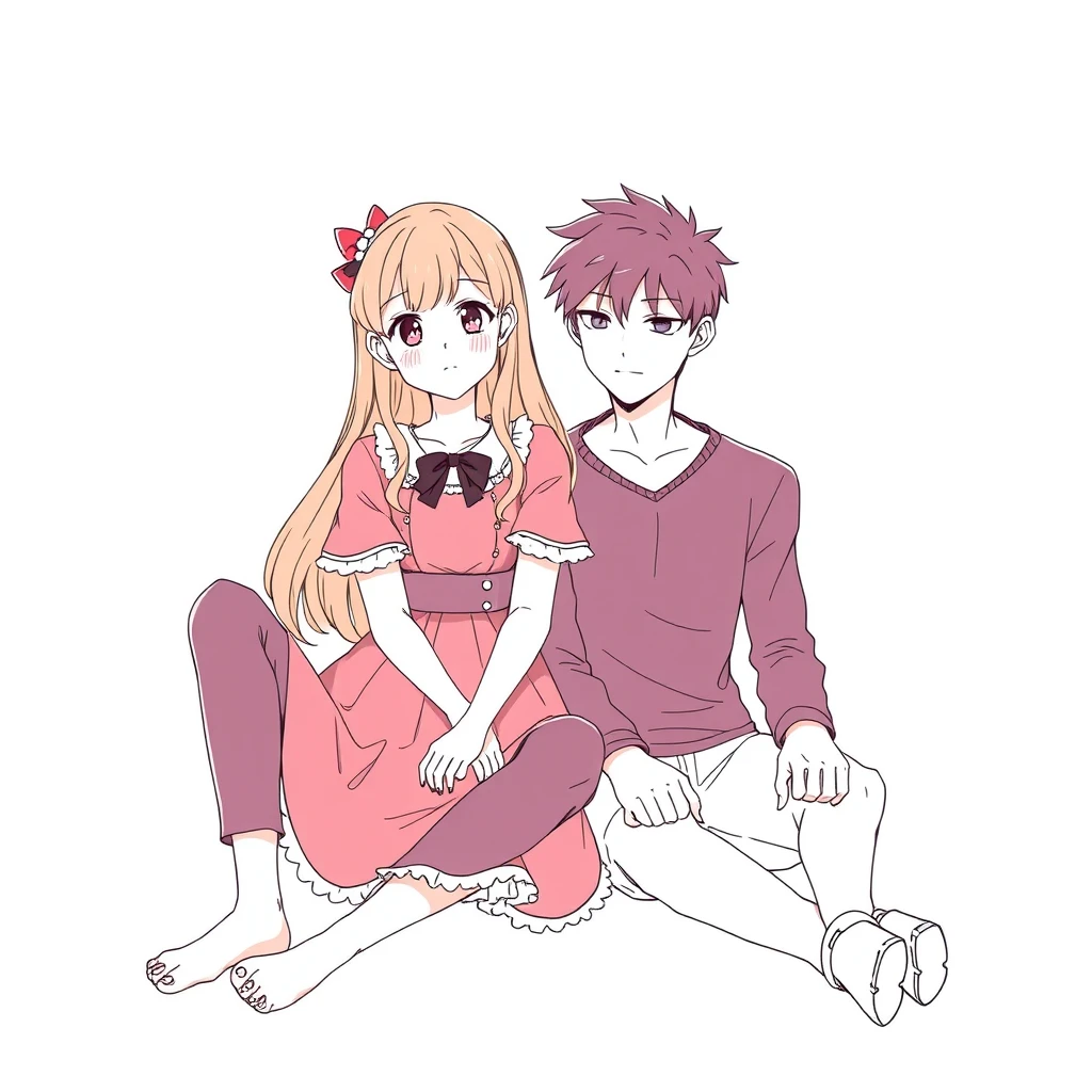 A young woman in a cute dress sitting with her boyfriend, anime line art.