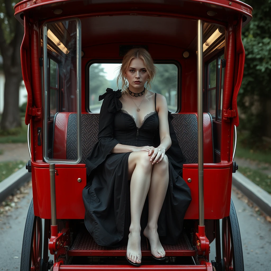 A pale and gaunt lady sit on a red coach