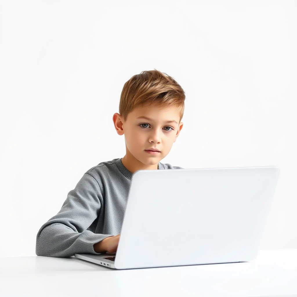 The scene shows a young boy sitting at a desk, holding a laptop. The background is white, highlighting the boy’s focused expression and the details of the laptop, with a modern and clean style. - Image