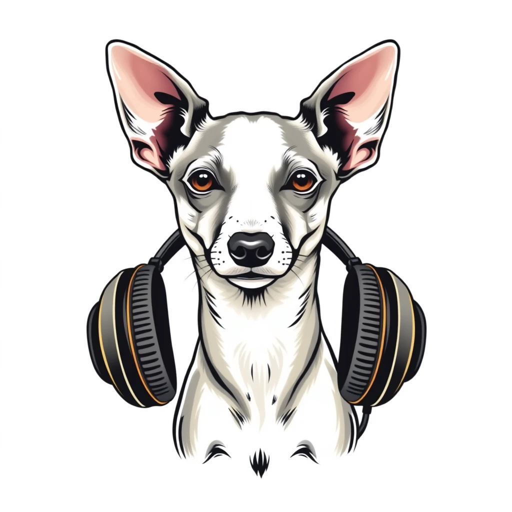 Whippet with headphones, mottled style, clean, simple, white background, professional tshirt design vector - Image