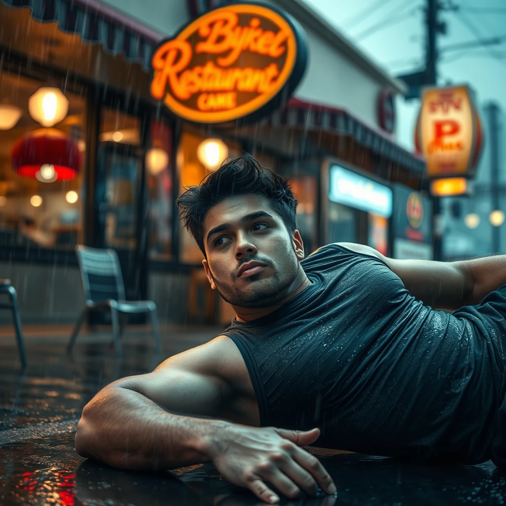 A young strong man is outside a restaurant, in a storm, lying on the ground, soaked. - Image