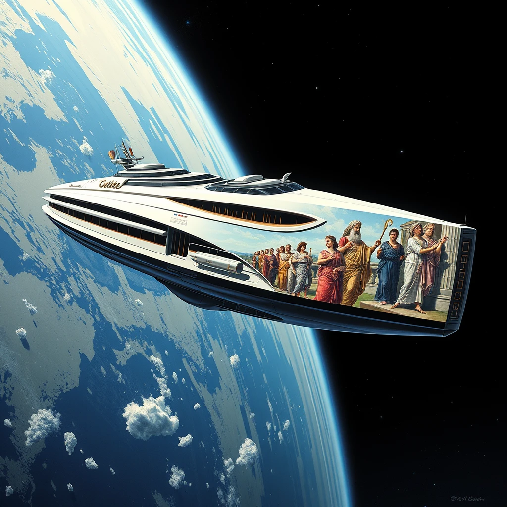 A space-yacht concept, in low Earth orbit, a painting by Syd Mead, sleek, futuristic, a full-length mural depicting Greek gods decorates the side.