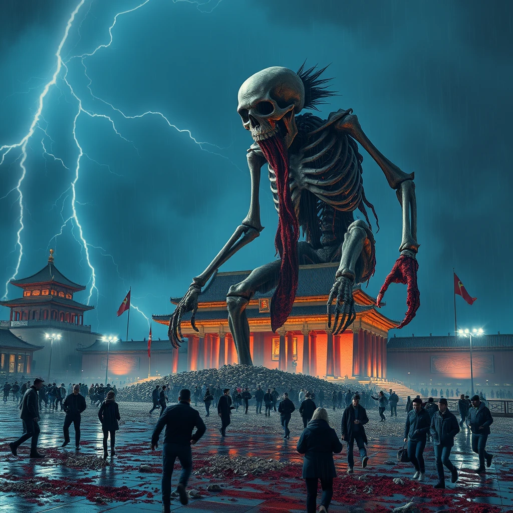 huge half skeleton half rotten flesh giant, full of blood, eaten people, The ground is covered with bones piled up into mountains, at Tiananmen Square, dark night, Lightning and thunder, wind and rain, scaring people running