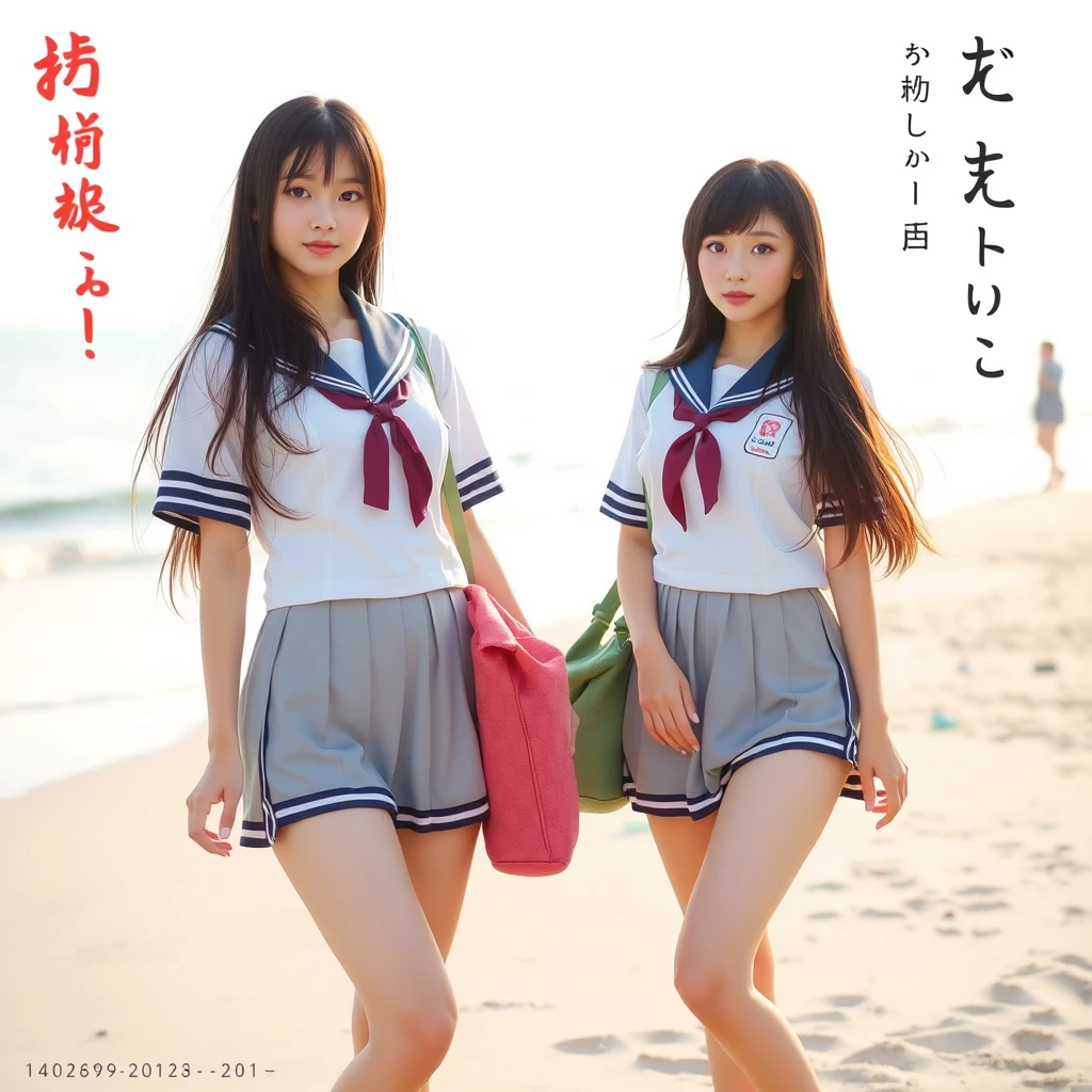 "Two beautiful women in school uniforms are on the beach, with Chinese characters and Japanese language. Note, you must be able to see the full body of the beauties, including their legs. Note, there are two people."