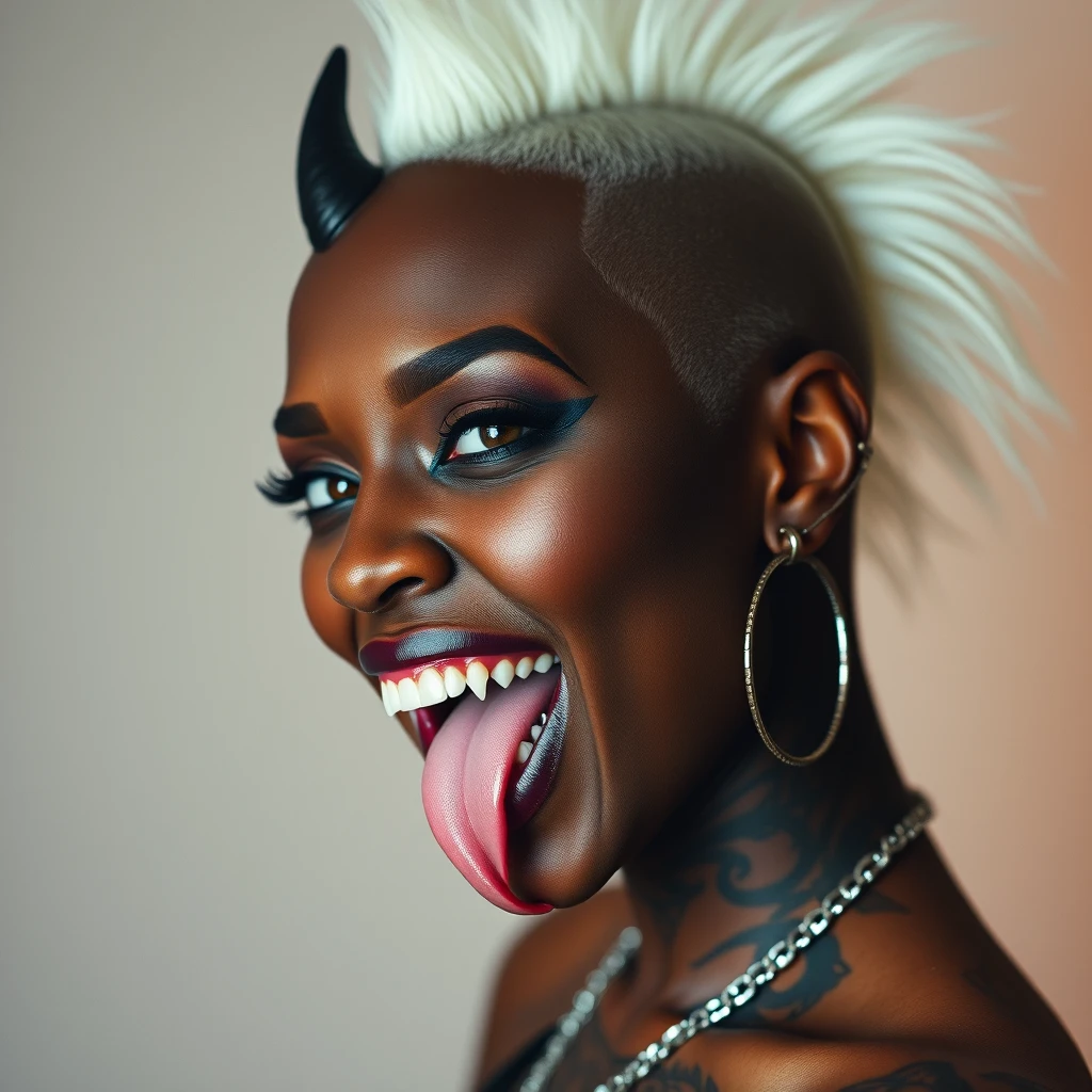 Beautiful black woman, fangs, split tongue, nose ring, side shave, shaved head, white Mohawk, nose rings, earrings, piercings, head tattoo, tattoos, demon, vampire.