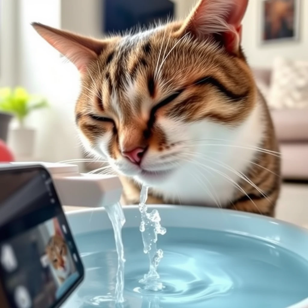 A cat drinking water from a pet water fountain, captured from the perspective of a mobile phone. The scene is indoors, with the cat's face close to the water stream that bubbles up from the fountain. The pet water fountain has a sleek, modern design, and the environment is well-lit with natural lighting. The cat is focused on drinking, and the image shows a clear, detailed view of its head and upper body. The background includes a hint of home decor, indicating a cozy living space.
