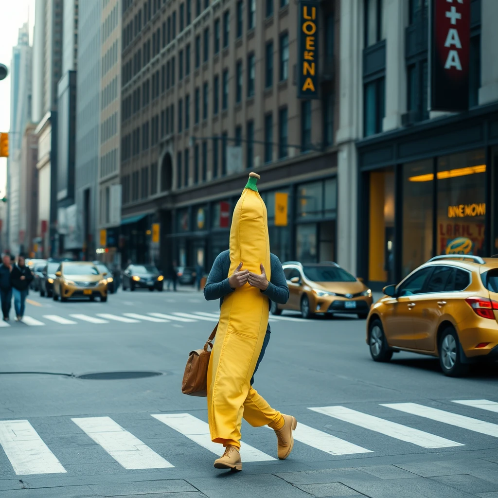 man dressed as a banana walking through new york