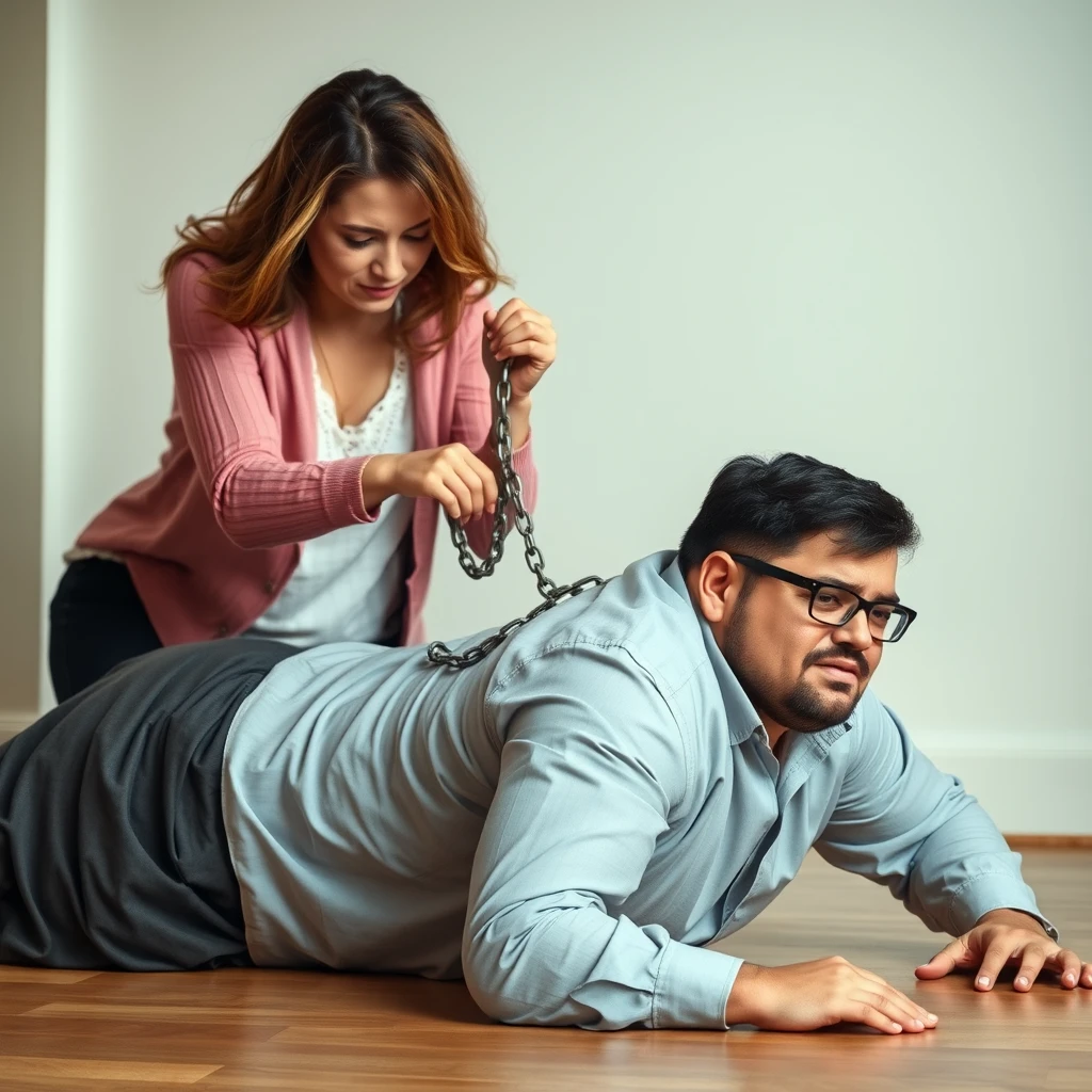 Can you generate an image of a woman holding a chain connected to a collar that a man is wearing while crawling on the floor? The man is wearing glasses and is in pain. He is young and a little plus-sized. Please show both people fully.