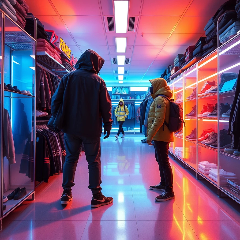 wear store, nobody, big room, bright surrounding, cyberpunk - Image