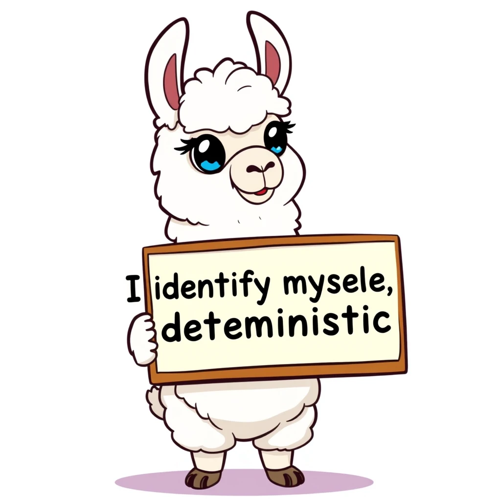 Cartoon llama holding a placard that says "I identify myself as deterministic", digital art style, vibrant colors, humorous expression, white fluffy llama with big eyes, placard held by hooves, clean lines, playful design, against a simple background. - Image