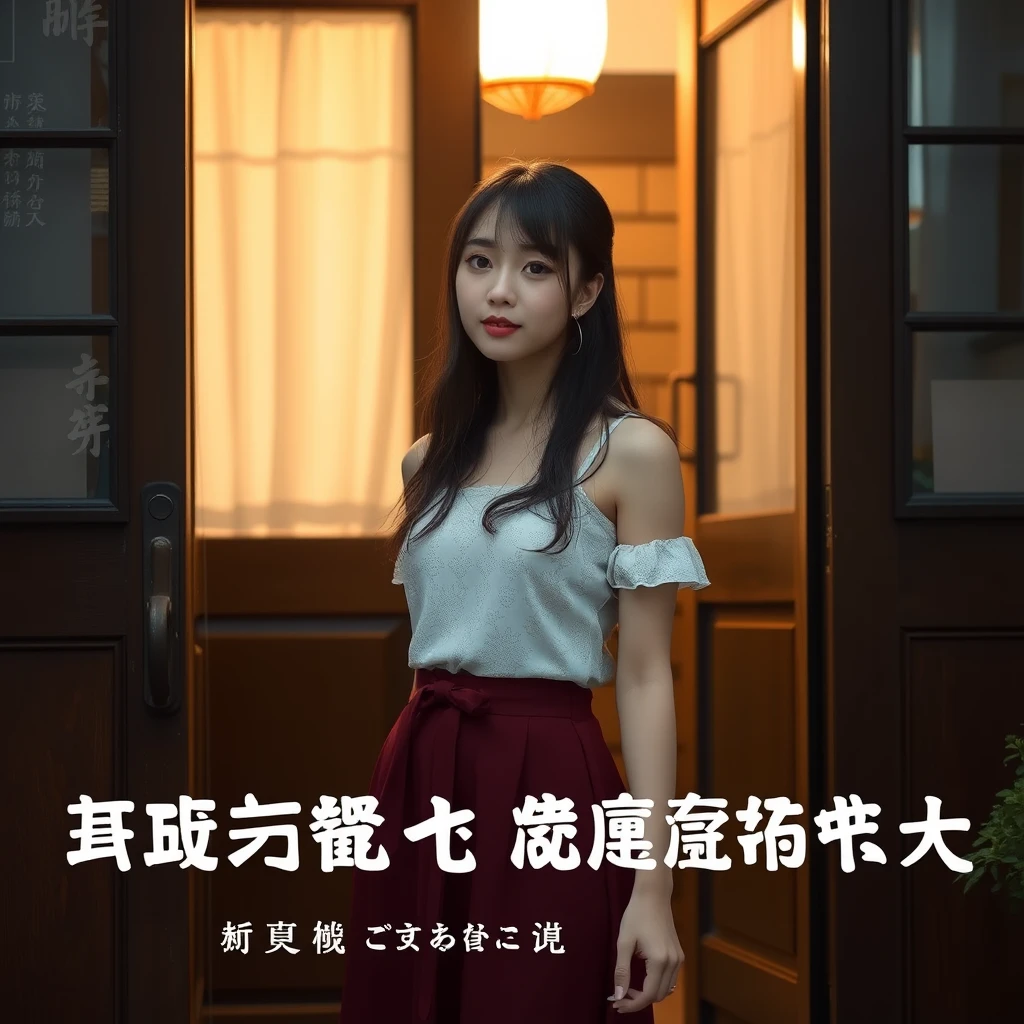 A beautiful woman stands at the doorway of a house, she is not smiling, there are Chinese characters or Japanese.