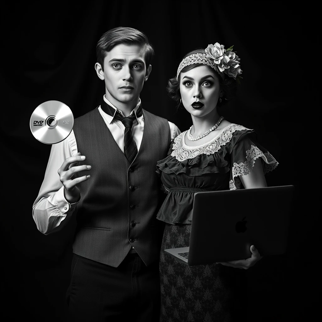 Black-and-white hyper-realistic image of a young couple dressed in 1920s Vaudeville-style period costumes, standing in an intimate pose. The man is wearing a waistcoat, a high-collared shirt, and has neatly styled hair, characteristic of the 1920s era. The woman is in a ruffled dress with a lace collar, a decorative headpiece adorned with flowers, and classic 1920s makeup. They are both holding modern technology: the man holds a DVD disc with an amazed expression, and the woman is holding a laptop, looking astonished as she sees their own image on the screen. The background is dark, with heavy, ornate curtains draped, giving a theatrical, staged appearance typical of a Vaudeville performance. The lighting is soft and focused on their faces, accentuating their expressions and the intricate details of their costumes. The image should mimic the vintage photograph style of the 1920s with high contrast and slight graininess. Capture this scene with high-resolution details, ensuring the textures of the fabric and the delicate lace are visible, with a subtle bokeh effect to blur the background and emphasize the couple and the technology they are holding. The overall mood is a whimsical blend of nostalgia and modernity, evoking the charm of the Vaudeville era while highlighting the contrast with 21st-century technology. - Image