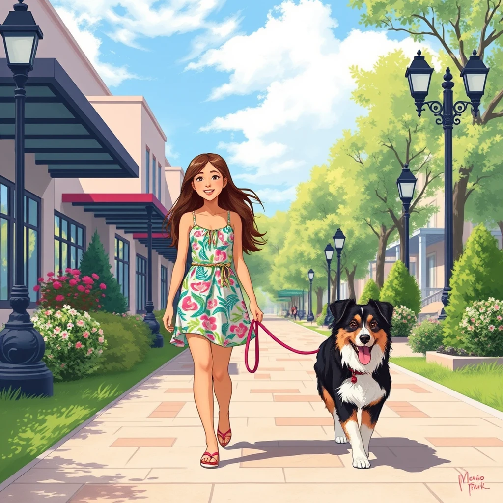 An anime-style image of two sisters in Lilly Pulitzer dresses walking with an Australian Shepherd in downtown Menlo Park.