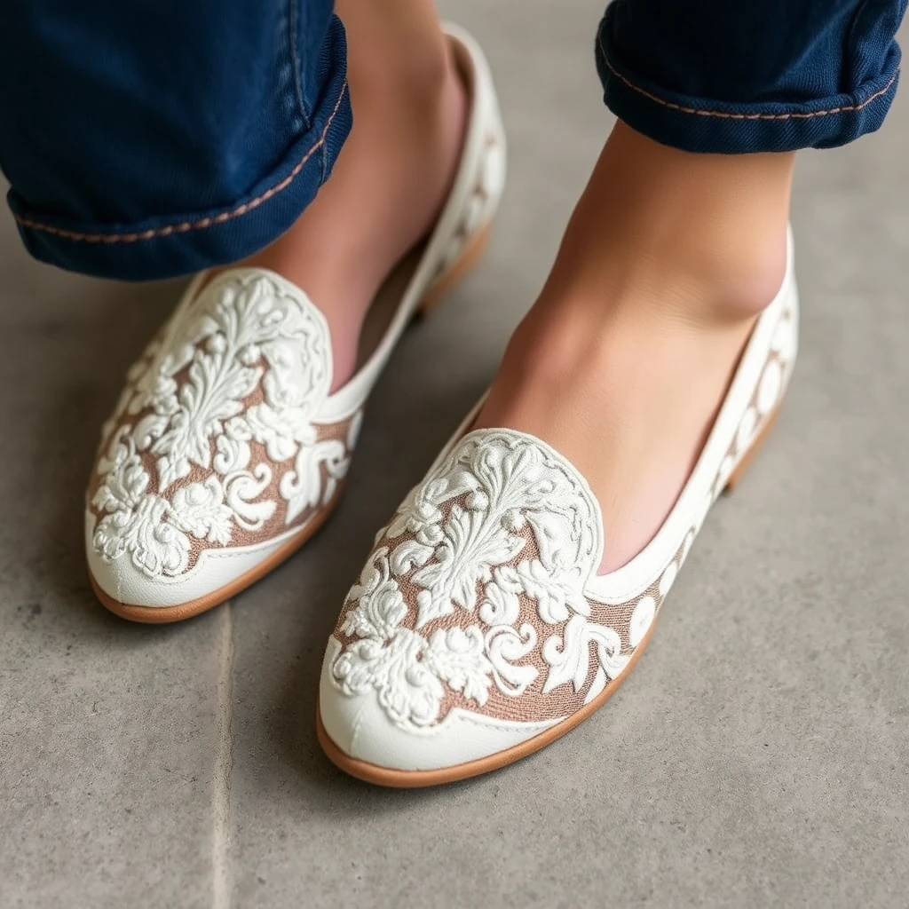 detailed white embroidered flat shoes, - Image