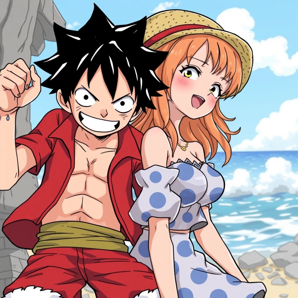 The mischievous Luffy and Nami. - Image