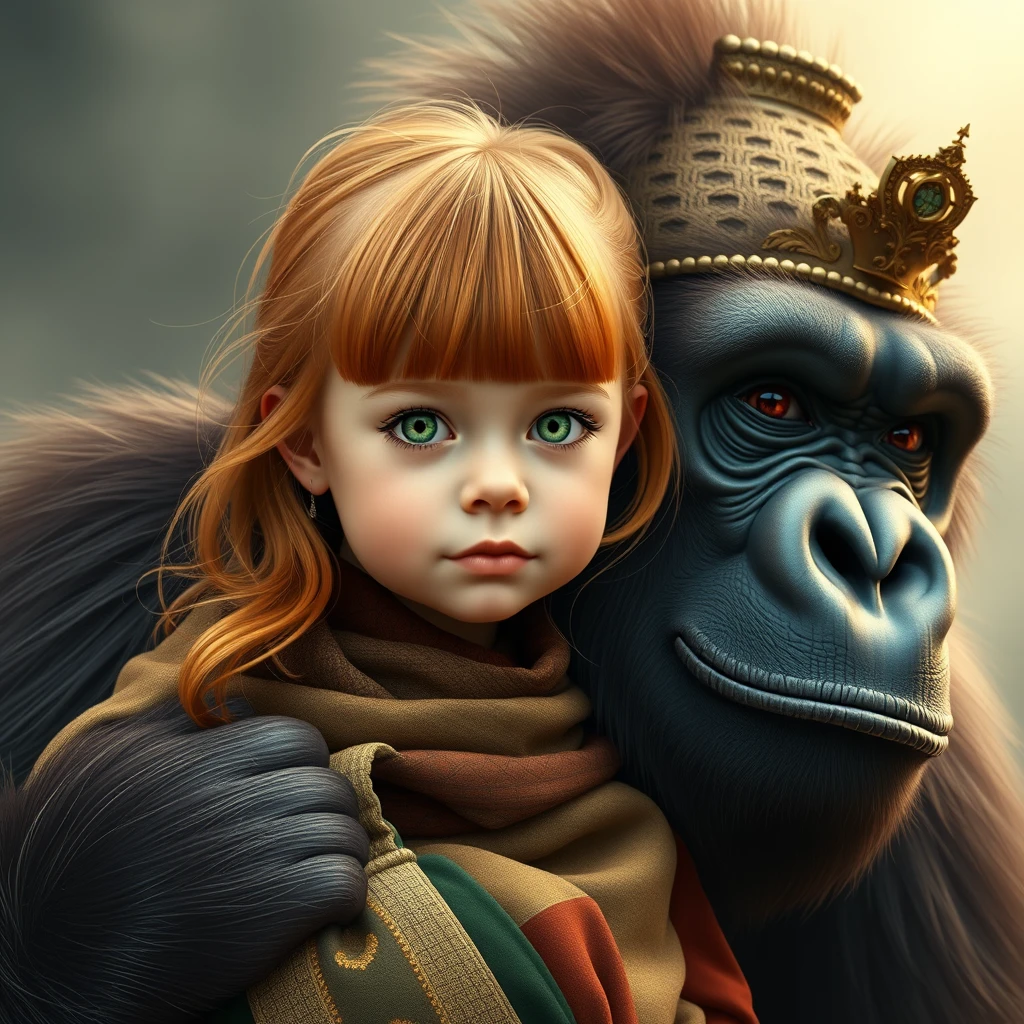 A cute ginger Russian girl with green eyes and bangs being carried by a gorilla king with an Argentine theme.