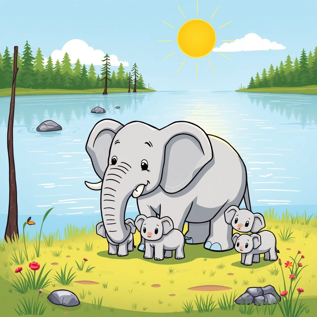 A whimsical cartoon of a happy elephant with her family grazing near a Finnish lake in the sun.